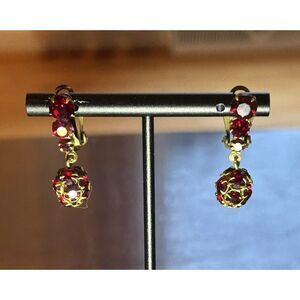 Antique Made In Austria Clip On Red Crystal Glass Rhinestone Earrings